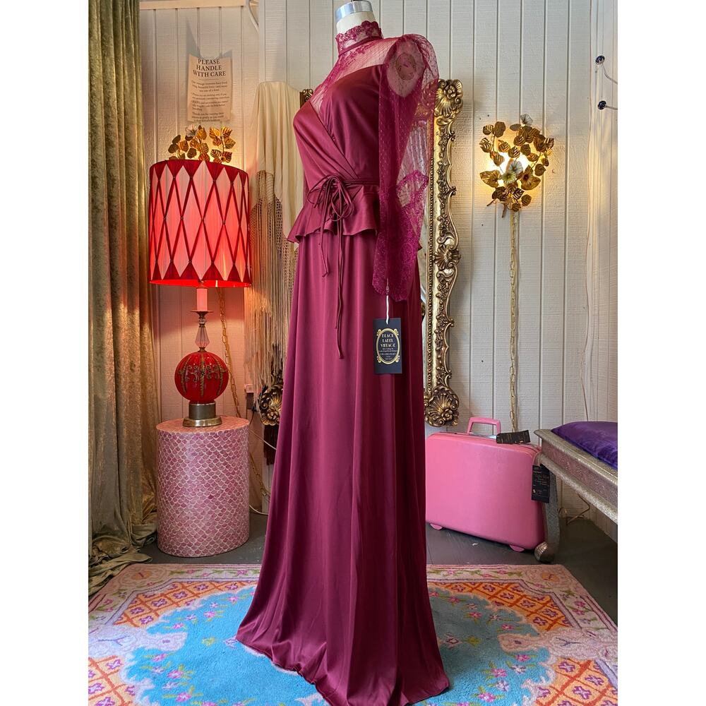 vintage 1970s maroon peplum maxi dress, embroidered net lace, wednesday, med 28 - Picture 7 of 10
